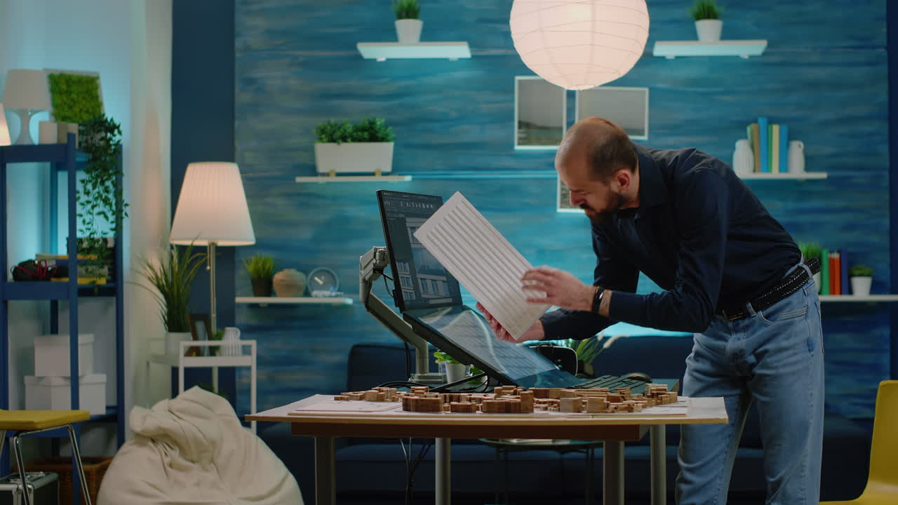 Architect looking at maquette and construction layout on table