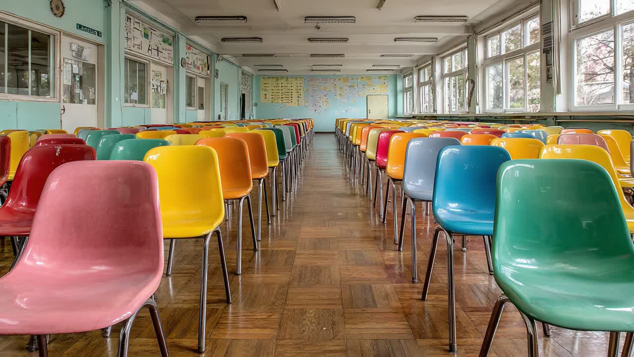 Ambiente scolastico vivace con sedie colorate disposte in file e luce naturale intensa che esalta lo spazio di apprendimento per gli studenti