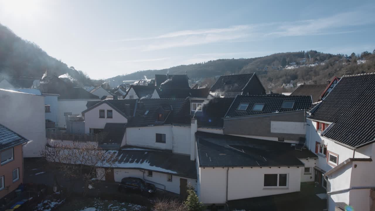 Birds-eye view directly above the historic center, showcasing the town’s unique layout.