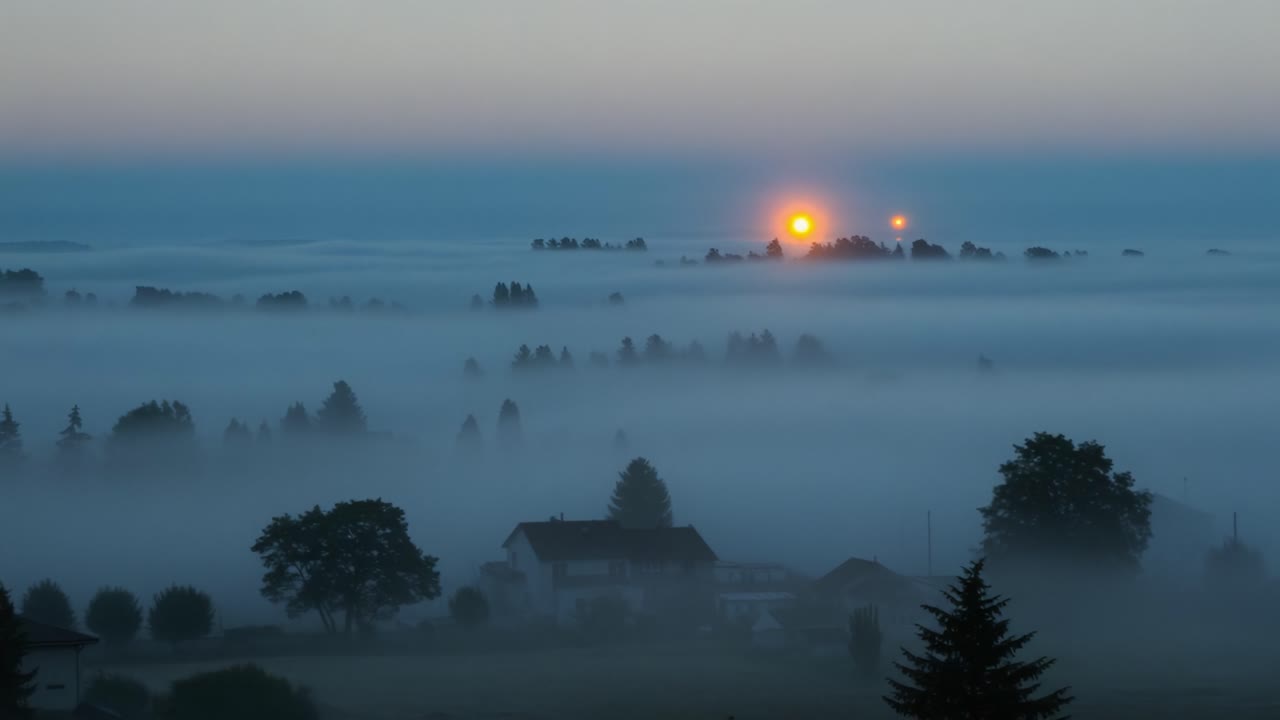 A Serene Dawn Unfolds: Captivating View of a Misty Landscape as the Sun Rises, Casting a Warm Glow Over the Fog-Covered Terrain