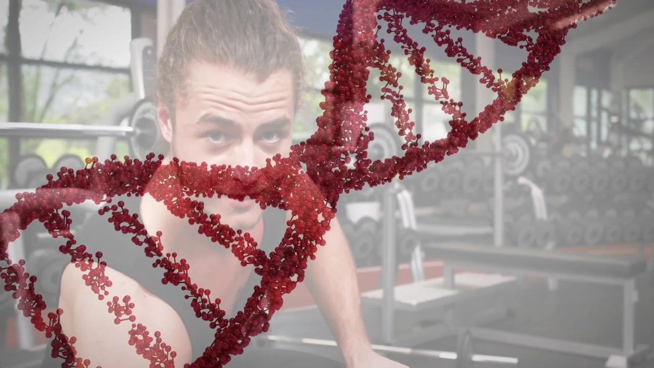 Male trainee lifting, sitting up on gym bench, red DNA helix sweeping front causing head lift