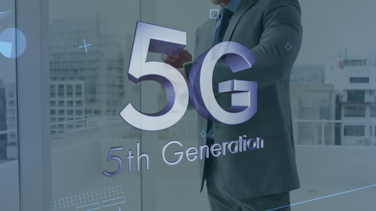 animazione di 5g 5a generazione di testo su uomo d'affari che controlla il tempo in background