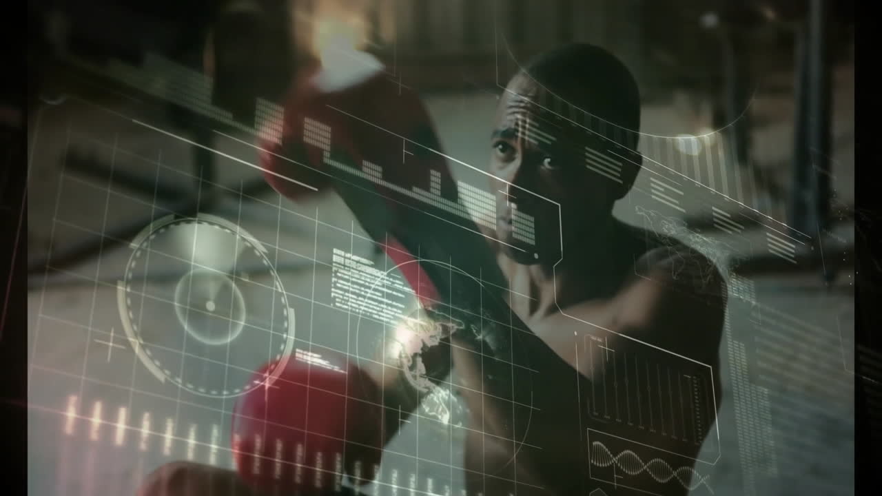 Male boxer throwing punch at focus mitts inside gym, using tech holographic charts and world map