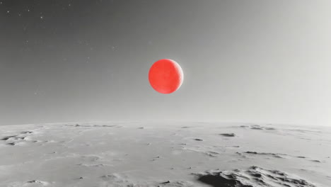 red planet over a barren moon landscape