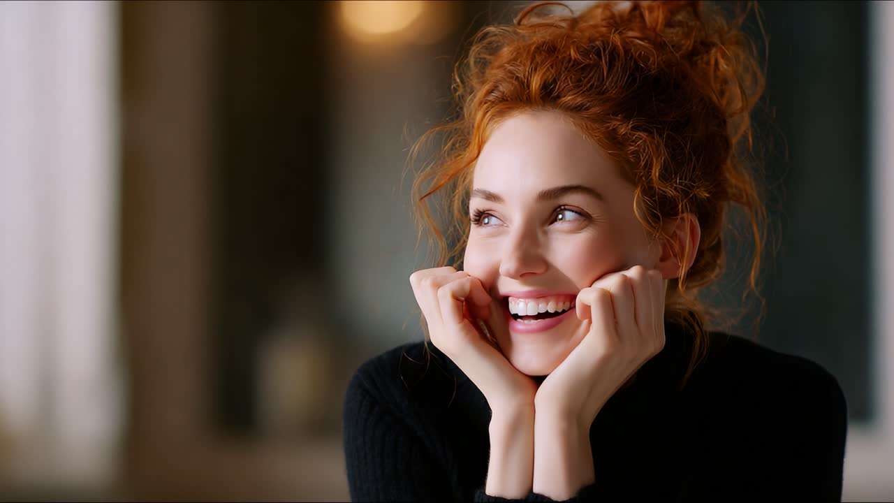 Una giovane donna radiosa con capelli rossi ricci esprime pura gioia mentre è seduta in un ambiente accogliente, con il suo sorriso espressivo che illumina l'atmosfera e cattura l'essenza della felicità.
