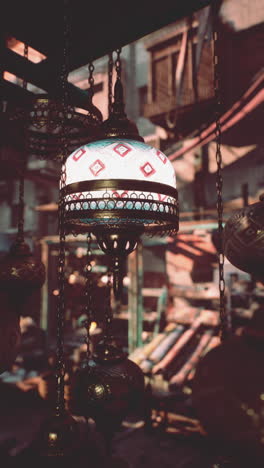 traditional arabic lanterns hanging in a market