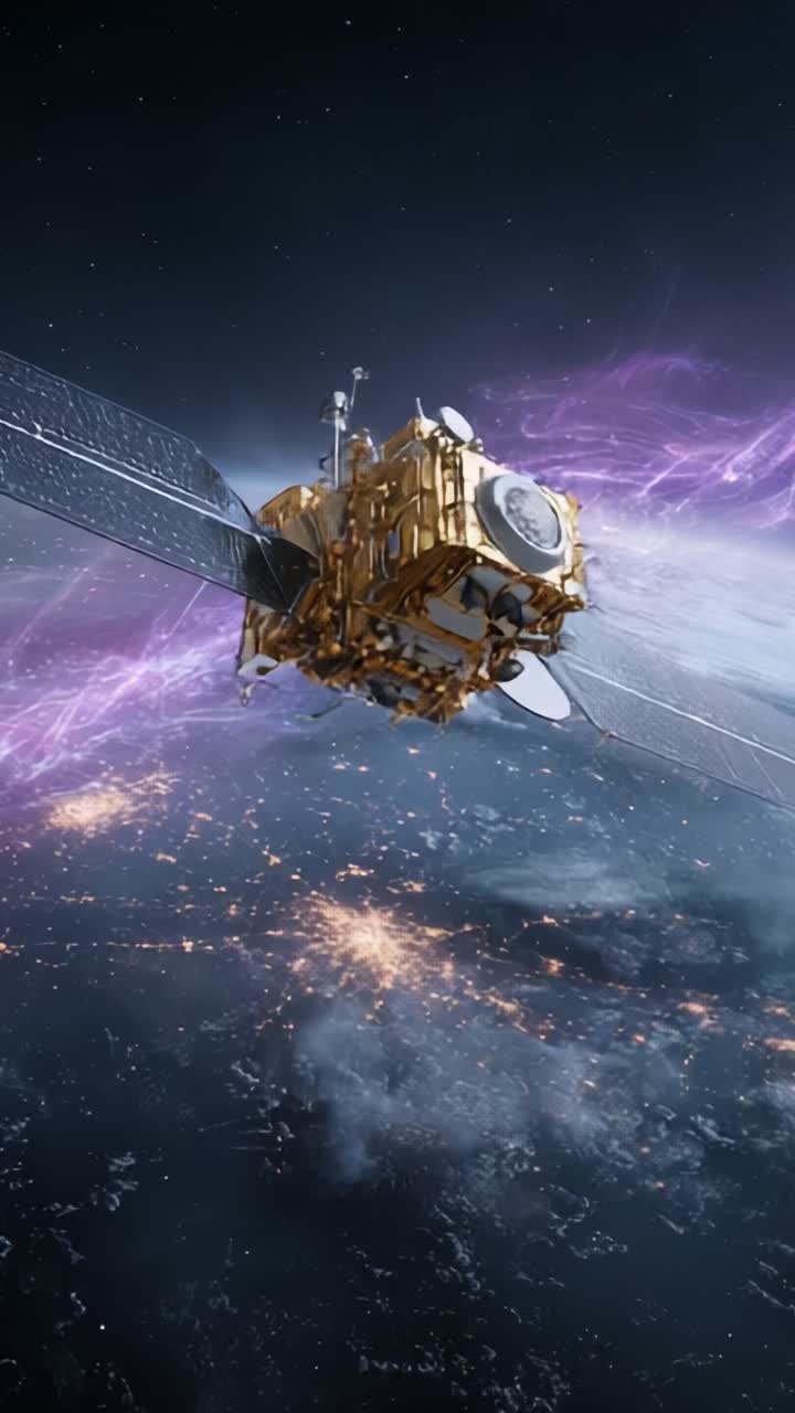 A magnificent spacecraft hovers in the cosmic expanse, showcasing intricate designs and high-tech instruments amidst a backdrop of vibrant energy and distant celestial patterns