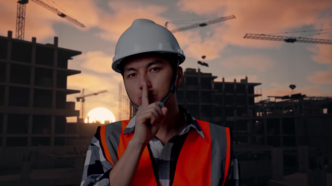 Close Up Of Asian Male Engineer With Safety Helmet Making Shh Gesture While Standing At Building & Construction Site in Progress to New House