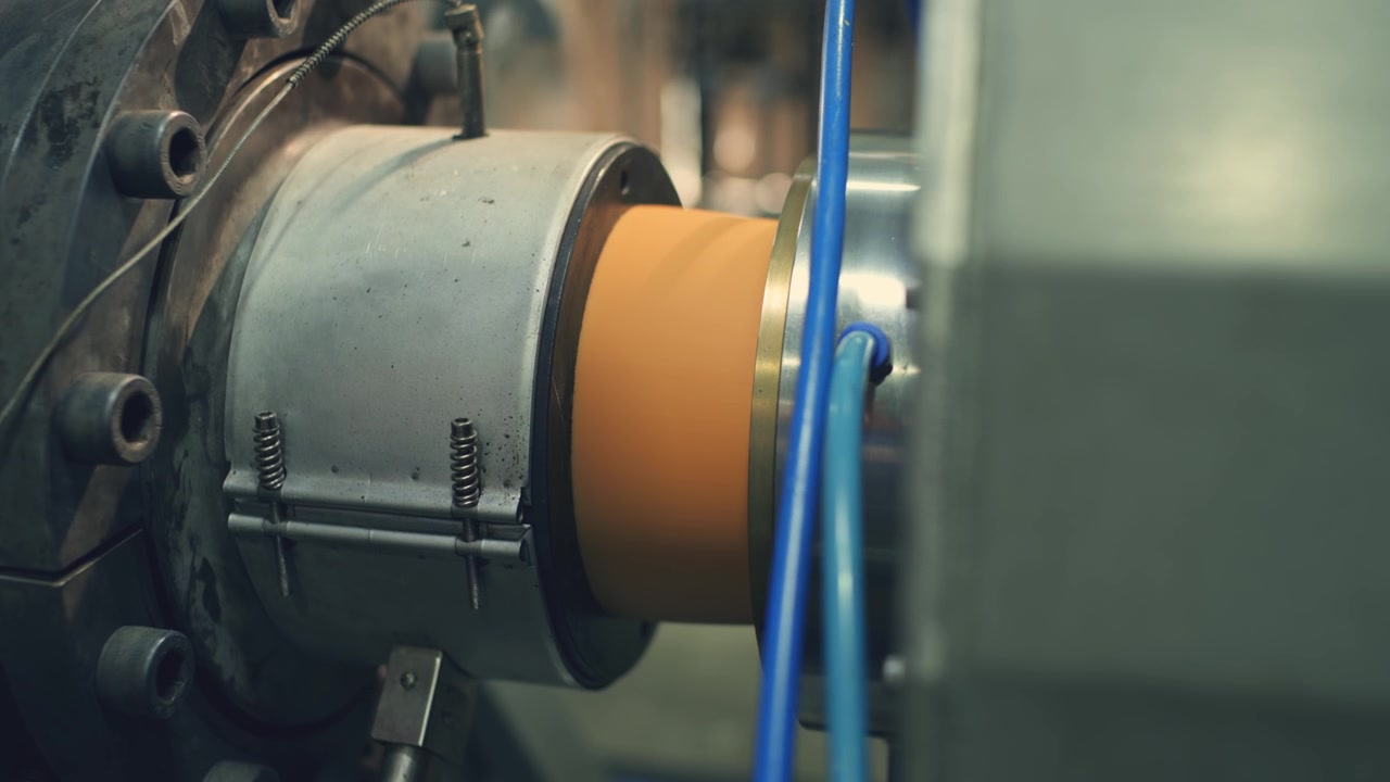 Materia prima plástica extruyéndose de maquinaria industrial, formando una nueva tubería de PVC