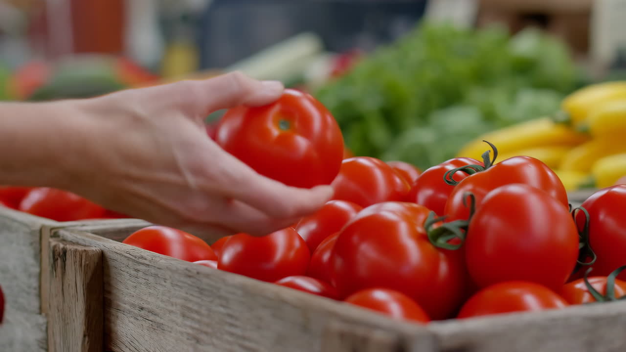 Close-up of a hand selecting fresh tomatoes from a wooden crate at a market