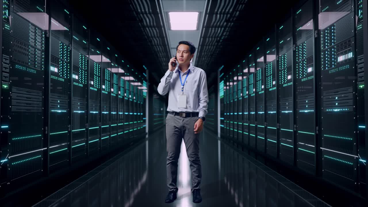 Full Body Of An Asian Male Professional Worker Standing in Server Room Data Center, He Is Speaking With Someone In The Phone