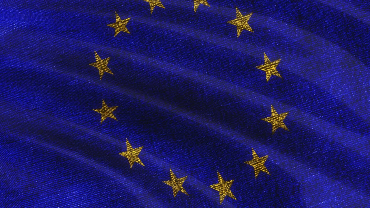EU flag on denim fabric texture, EU flag. 4K 3D Grunge EU flag video waving in wind rendering isolated transparent with alpha channel Quicktime prores 4444. Flag Waving abstract background concept footage.