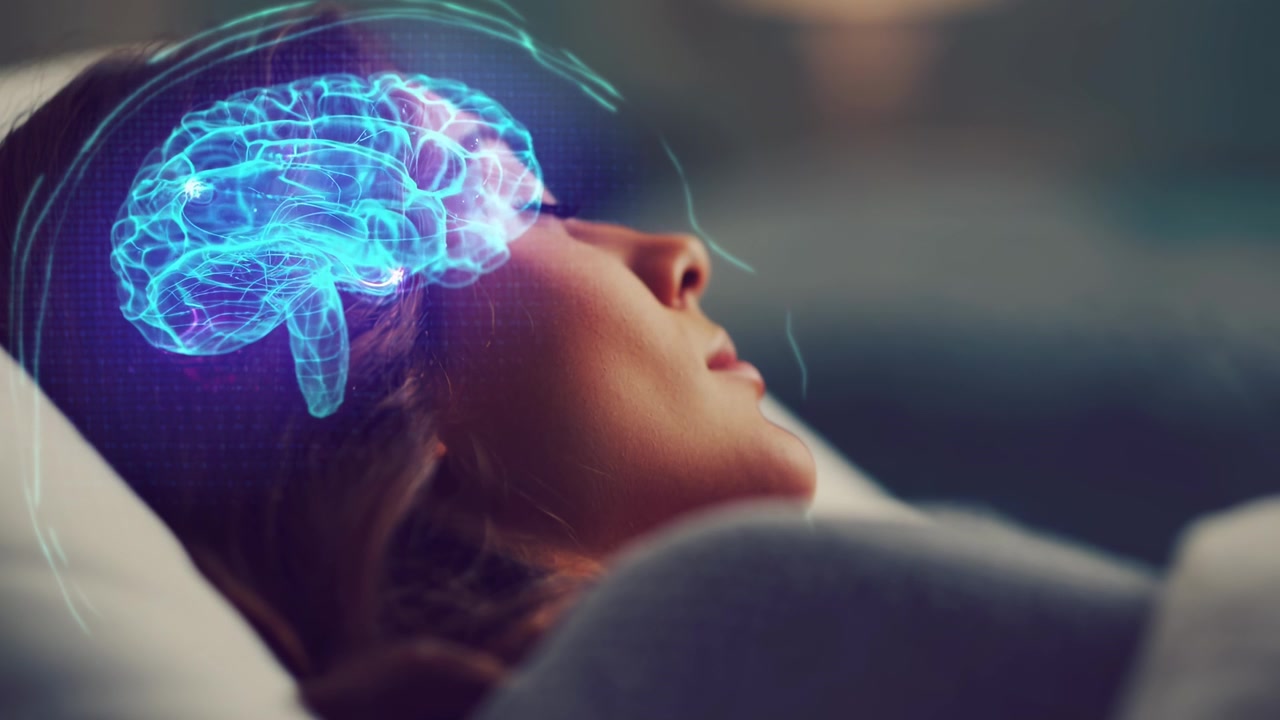 Digital Brain Activity Over Sleeping Woman's Head