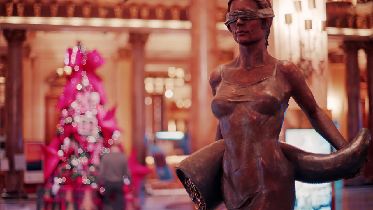 Monte Carlo, Monaco - November 24, 2024: La Fortune by Daphne du Barry in the Casino de Monte-Carlo with the Christmas Tree on the background