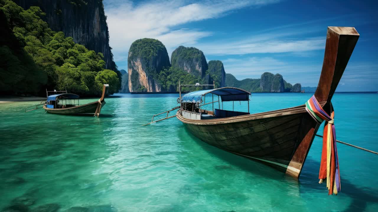 Scenic video of two traditional boats on turquoise water, captured from a low angle