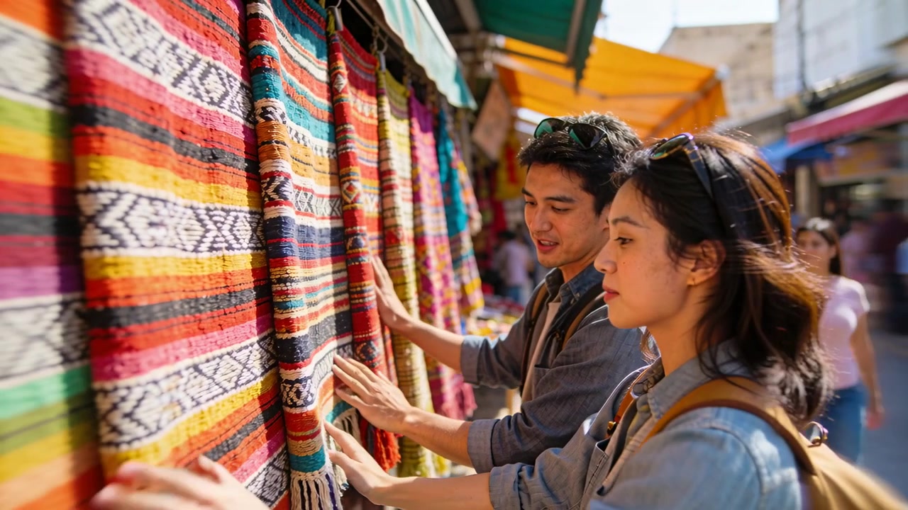 Stopping couple touching hanging rugs at bazaar, comparing colors while woman adjusting backpack
