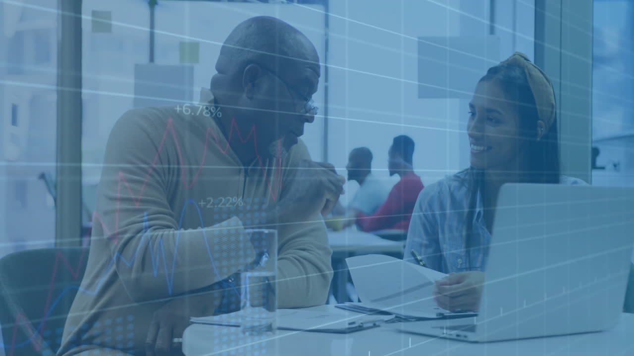 Financial data processing animation over diverse colleagues discussing at office