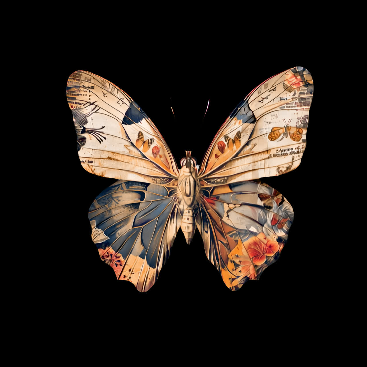 Risorsa animata isolata di design artistico di collage con farfalle, video 4K trasparente, canale alfa