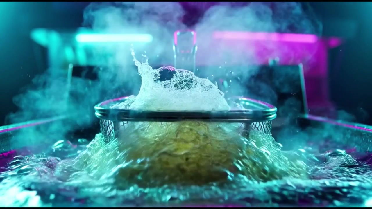 Voedsel frituren in een professionele keuken met neonverlichting