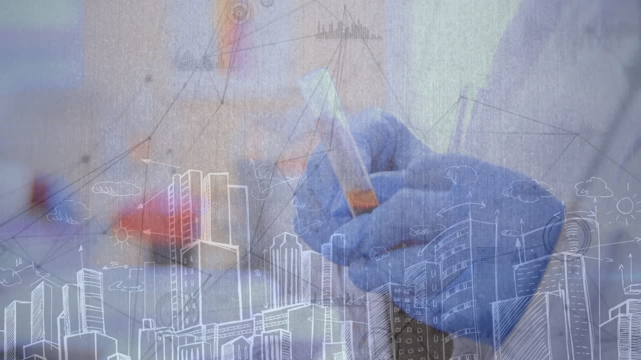 ⁇ 플과 함께 실험실 직원의 손을 통해 연결 네트워크의 애니메이션