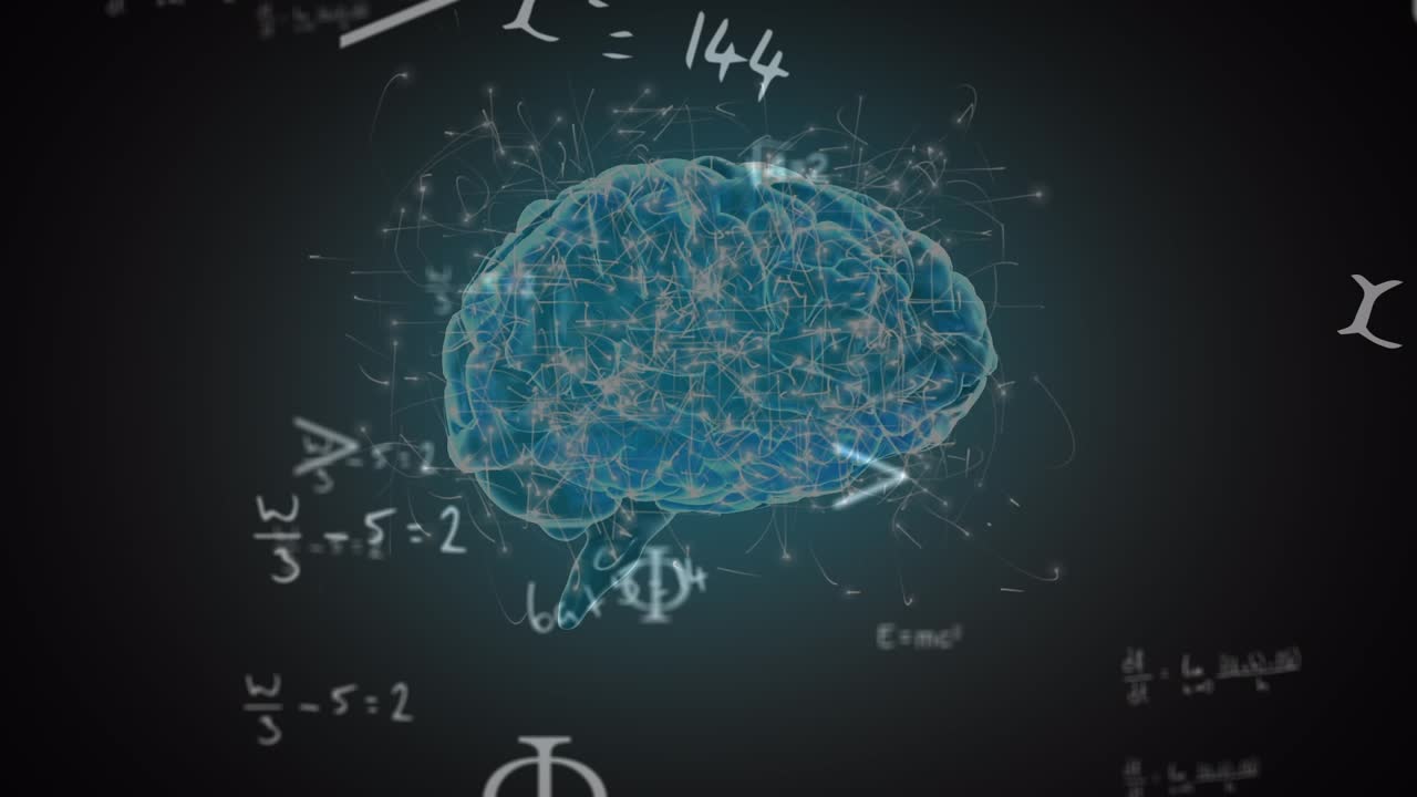 Animation of rotating brain and math formulas on black background