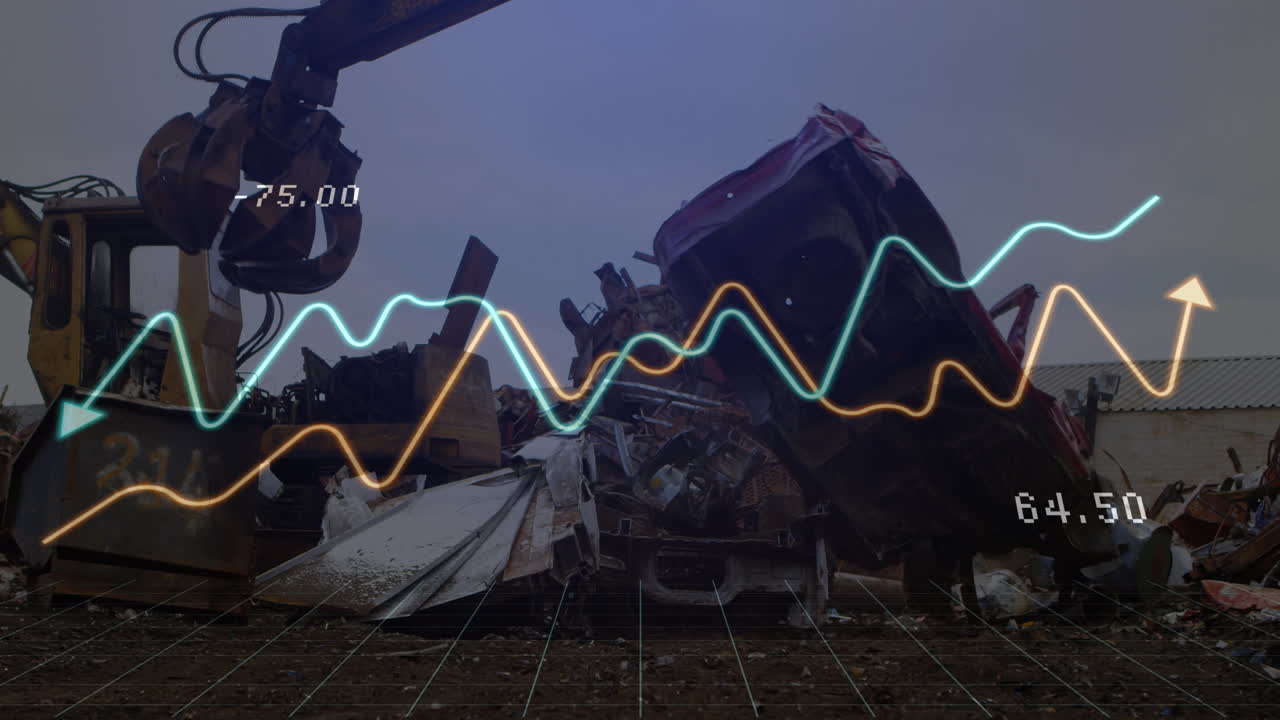 animación del procesamiento de datos financieros y estadísticas sobre maquinaria en tierras baldías