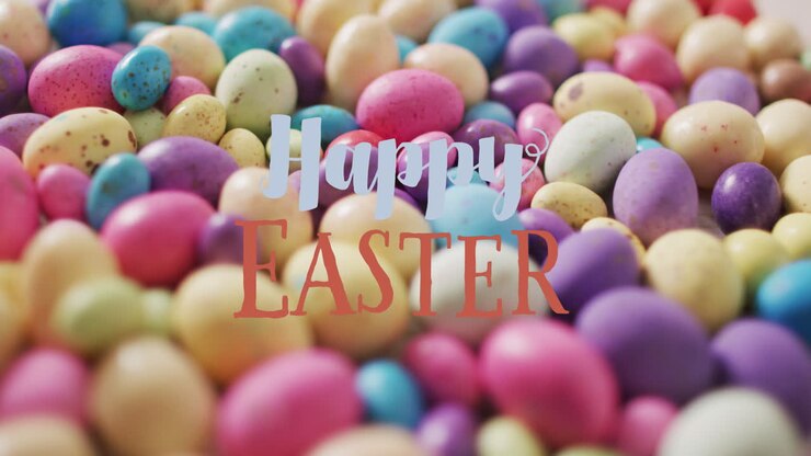 Animation of happy easter over colorful easter eggs