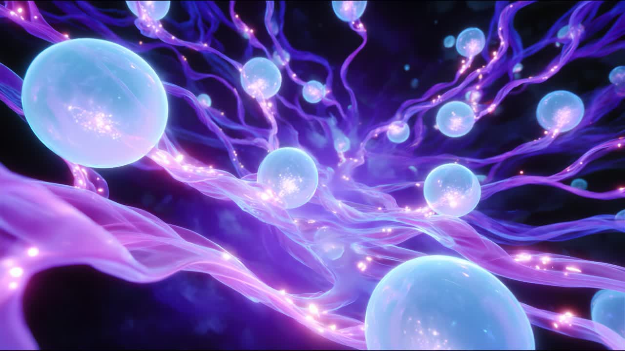 A Mesmerizing Journey Through a Vibrant Underwater Universe of Floating Spheres and Colorful Fluid Tendrils, Showcasing the Beauty of Digital Art and the Intricacies of Abstract Visuals in Motion