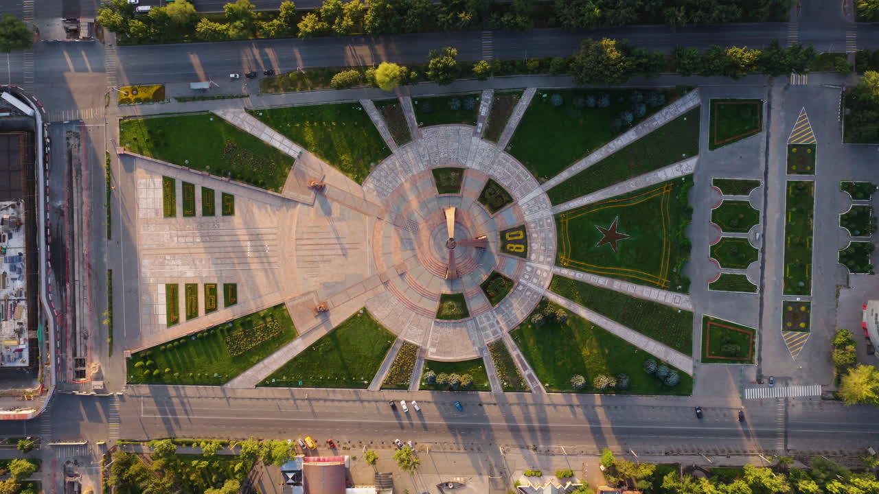 Top View Of Victory Square, Grand Plaza With Monument And Eternal Flame In Bishkek, Kyrgyzstan. - aerial shot
