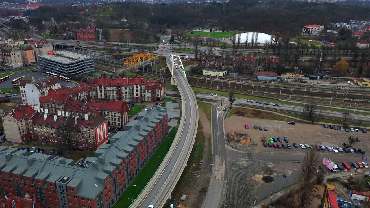 Aerial overview of Yellow Viaduct in Gdansk, Poland, busy streets and city architecture from above