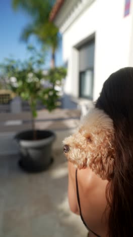 woman holding a poodle on a patio