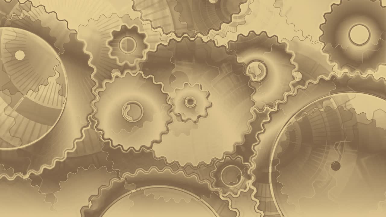 Complex background of interlocking mechanical clockwork gears and cogs, industrial machinery components, abstract vintage steampunk design, loopable animation