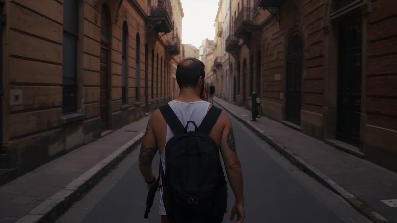 Uomo che cammina con canotta bianca, zaino scuro, illuminato dal sole, che si fa strada tenendo un treppiede, bicicletta storica