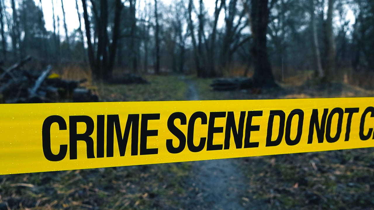 Yellow police tape reading crime scene do not cross marking off a muddy path in a dark, eerie forest during a rainy day, with a shallow depth of field creating a bokeh background