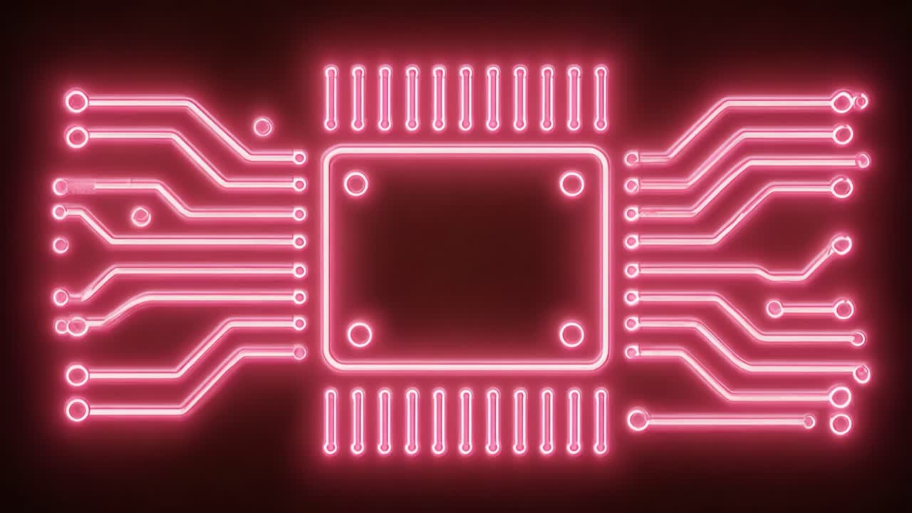 Illuminated Circuit Board with Pink Neon Lines and Central Chip Design, Showcasing Modern Technology and Digital Innovation in a Striking Visual Presentation