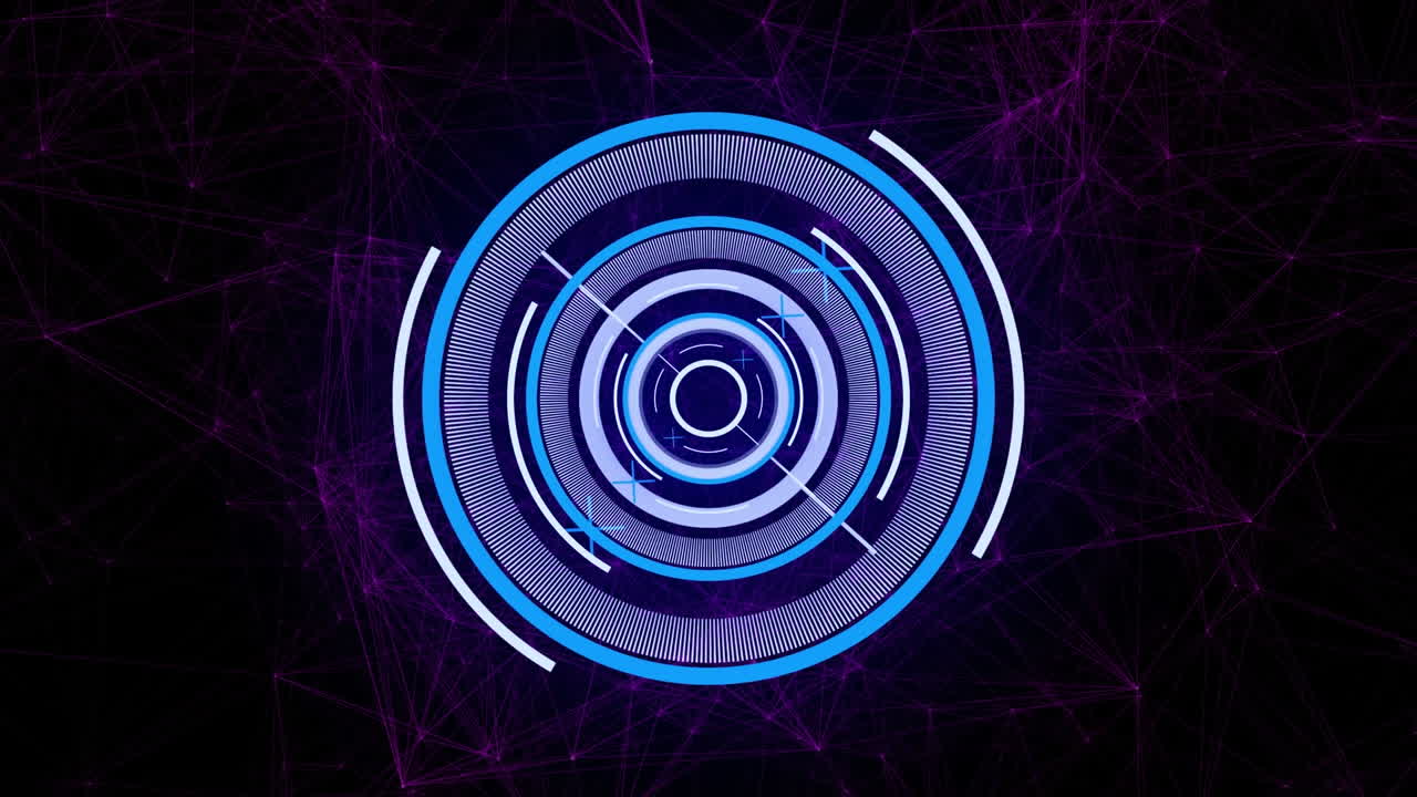 animación de un escáner redondo de neón giratorio y una red de conexiones contra un fondo negro.