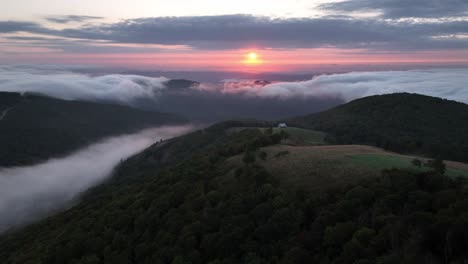 aerial over mountain cabin at sunrise near boone and blowing rock nc, north carolina