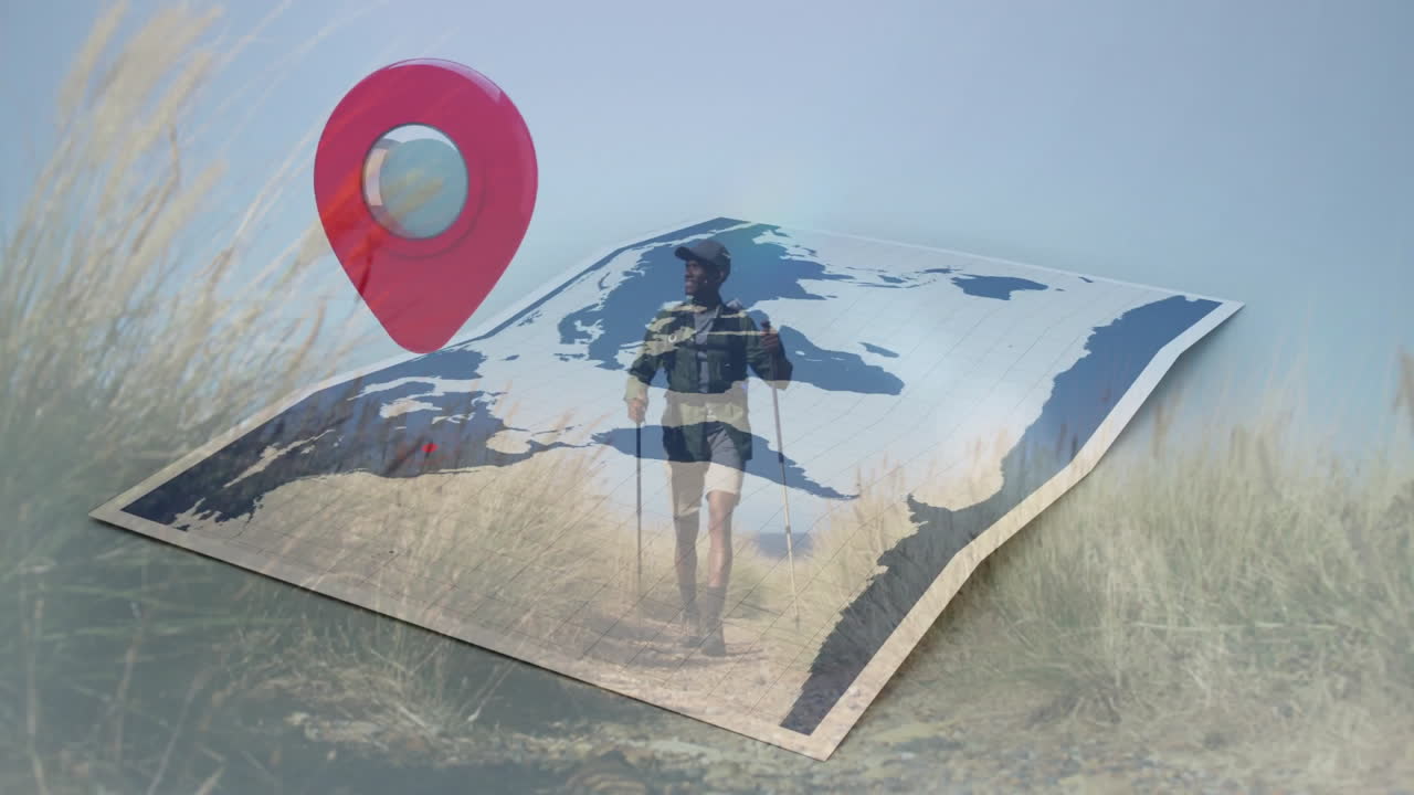 Hiker hiking grassy trail with poles and pack, interacting with 3D world map pin showcasing tech