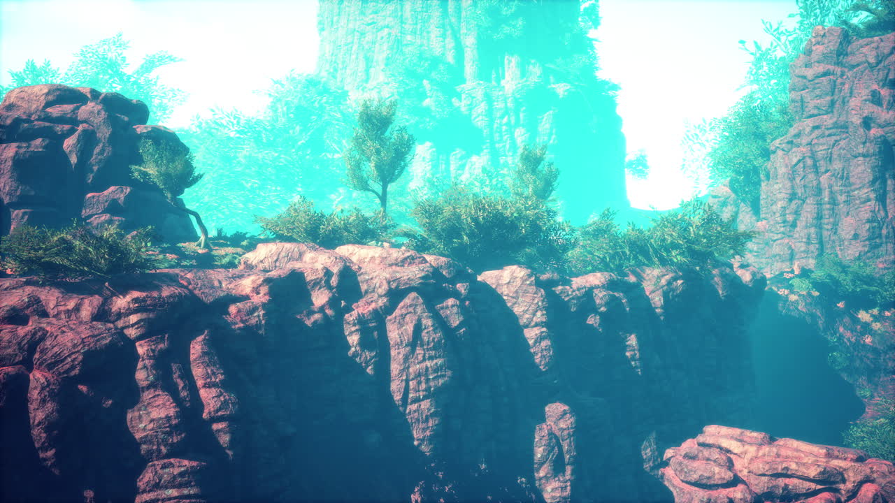 paisaje de fantasía surrealista: vista de acantilado con vegetación exuberante