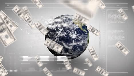 animation of dollar banknotes and data processing over globe on white black background