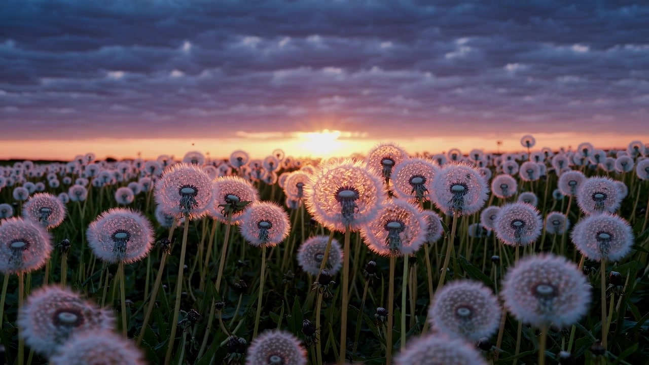 Ladang Dandelion Saat Matahari Terbenam di Bawah Awan Dramatis