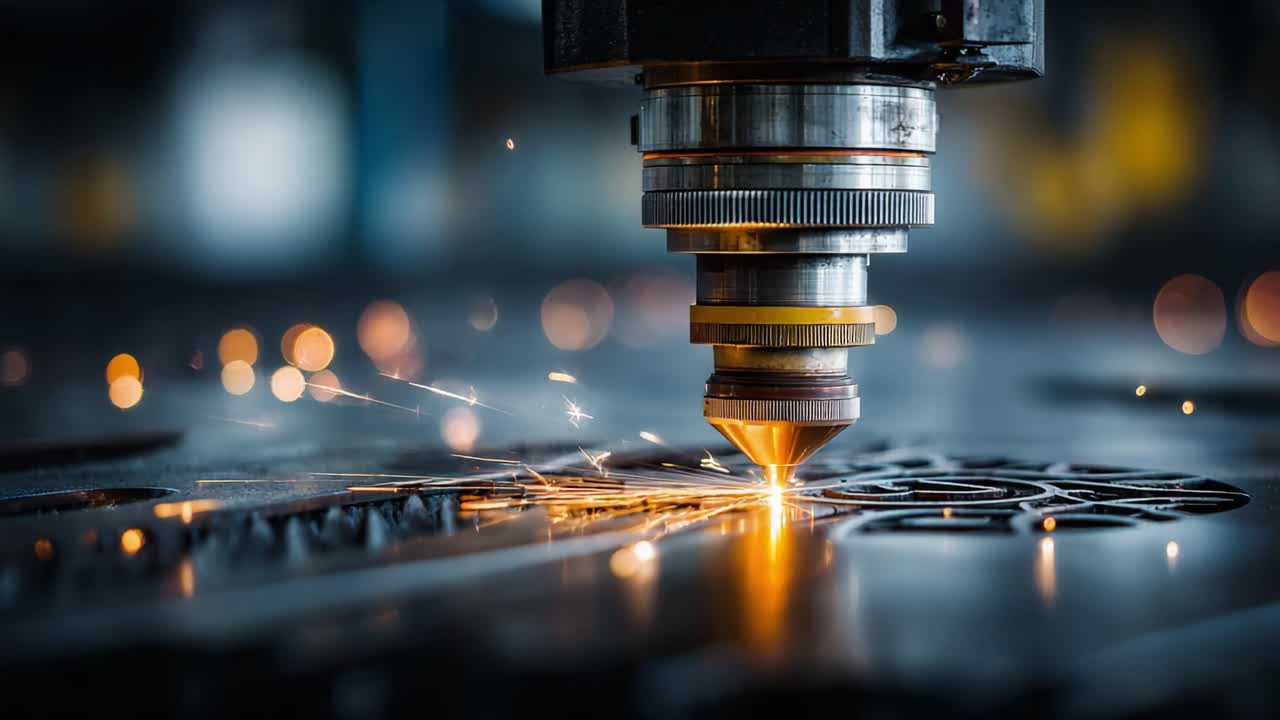 Precision Laser Cutting Process Displaying the Efficient and Detailed Operation of a Laser Cutter Creating Intricate Designs with Sparks Flying