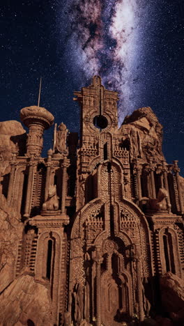 a fantastical stone castle under a starry night sky