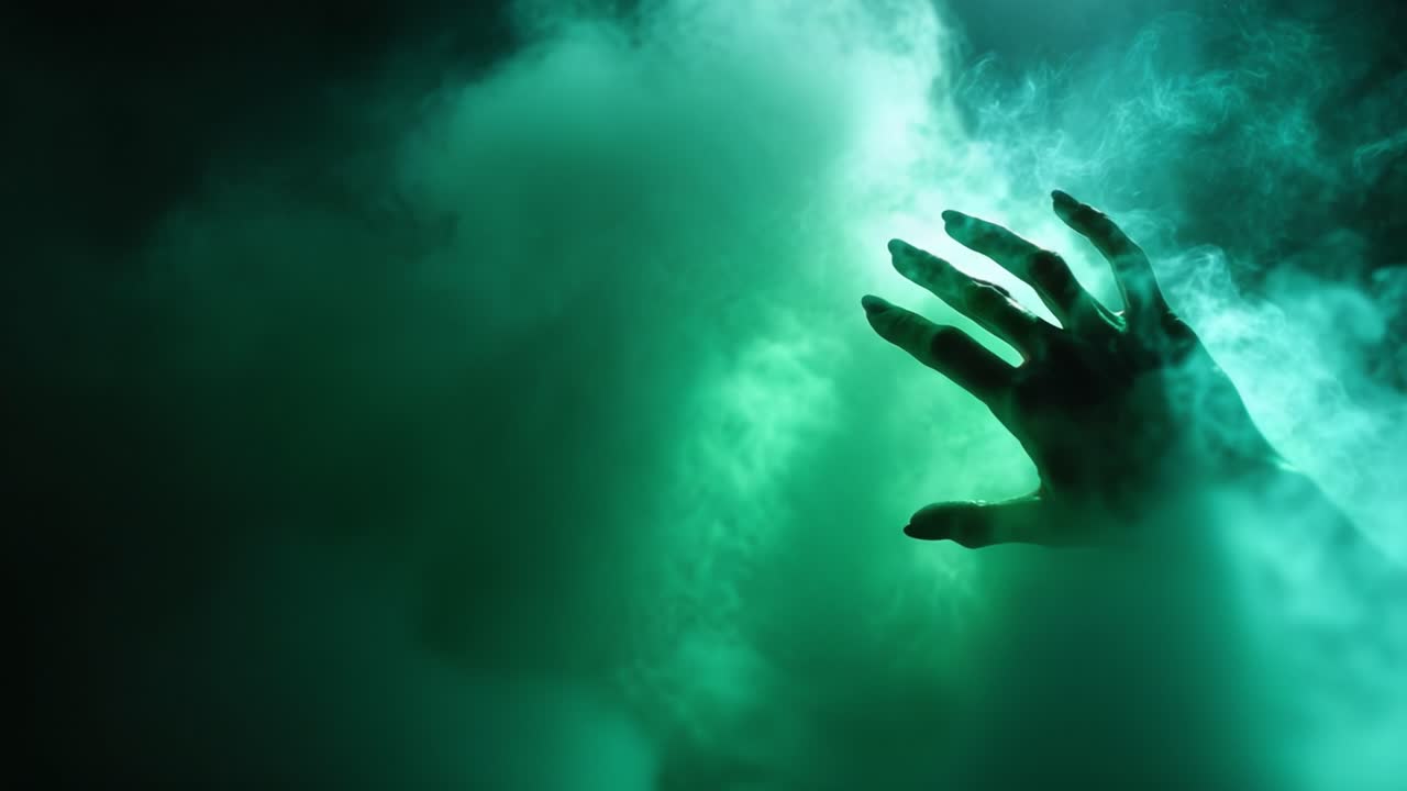 Eerie Hand Emerges from Thick Green Mist, Creating a Haunting Atmosphere in Shadowy Surroundings