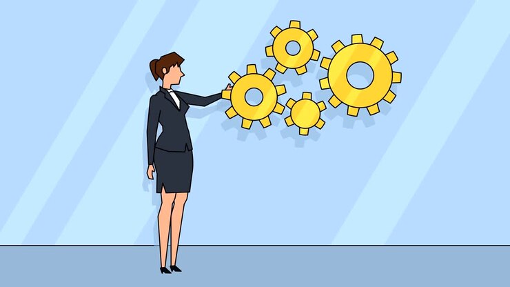 Flat cartoon businesswoman character rotates golden gears concept animation