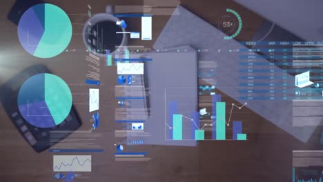 Animation of statistics and data processing over cardboard on conveyor belt