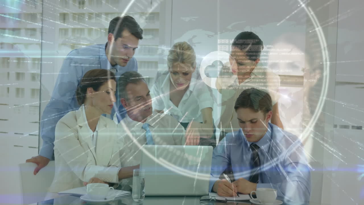 Collaborating in office, business team using laptop with digital animation overlay