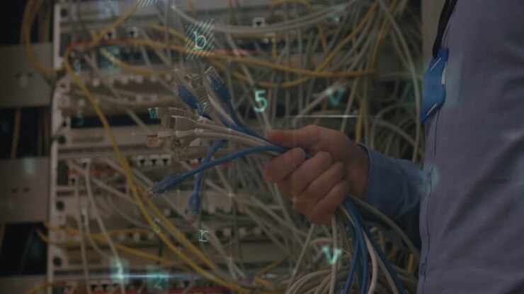 Animation of data processing over caucasian male worker in server room