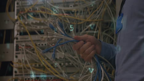 animation of data processing over caucasian male worker in server room