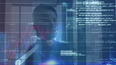 animación de procesamiento de datos financieros sobre mujer de negocios asiática mirando por la ventana